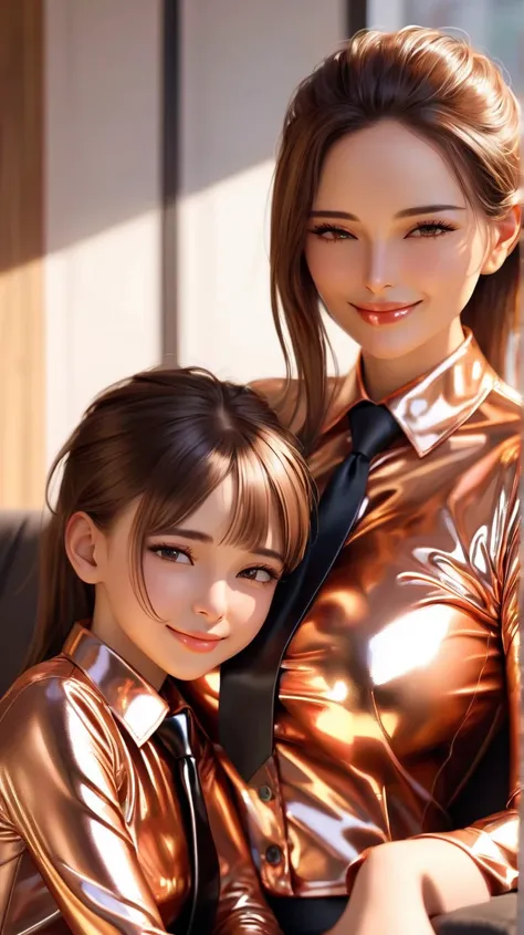 Mother and young daughter ,  masterpiece, Lens reflection, Reflected light,  buttoned in extremely tight shiny copper latex blouse,  high resolution , Make-up,  seductive smile , Are in the apartment and sitting on the couch ,Necktie,  brown hair , Bangs, ...