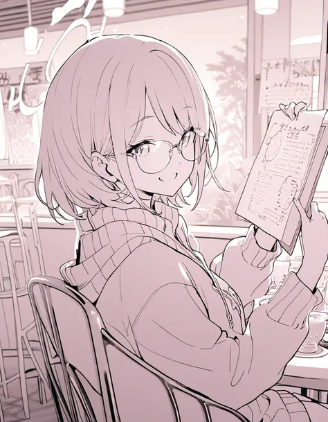 masterpiece, best quality, monochrome, lineart, white backgroud,  A woman in a sweater sits on a chair holding a menu、メニューを手に持って見ている、 Wearing Glasses 、Inside the cafe、smile