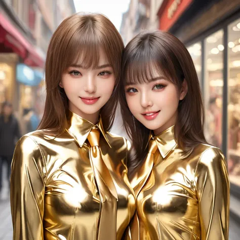 2 girls,  masterpiece, Lens reflection, Reflected light,  buttoned in extremely tight shiny golden latex blouse,  high resolution , Make-up,  seductive smile , Are in town and go shopping ,Necktie,  brown hair , Bangs, portrait,