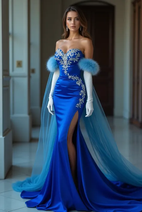 Show a picture girl wearing fitted/bodycon royal blue off shoulder gown with slit also wearing white glittery gloves and ice blue fur