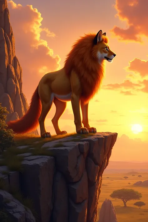 Here’s the fox-lion hybrid with a new background, set on a rocky cliff overlooking a glowing savanna at sunset. Let me know if youd like any further changes!

