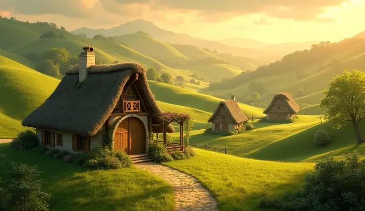 A serene village nestled amidst rolling hills, with a thatched-roof cottage in the foreground. Golden sunlight illuminates the scene, casting long shadows.