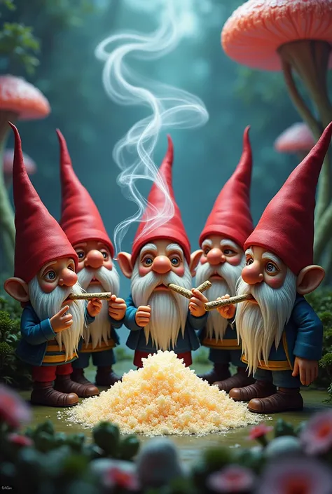 5 gnomes smoking joints with 5 others taking cocaine