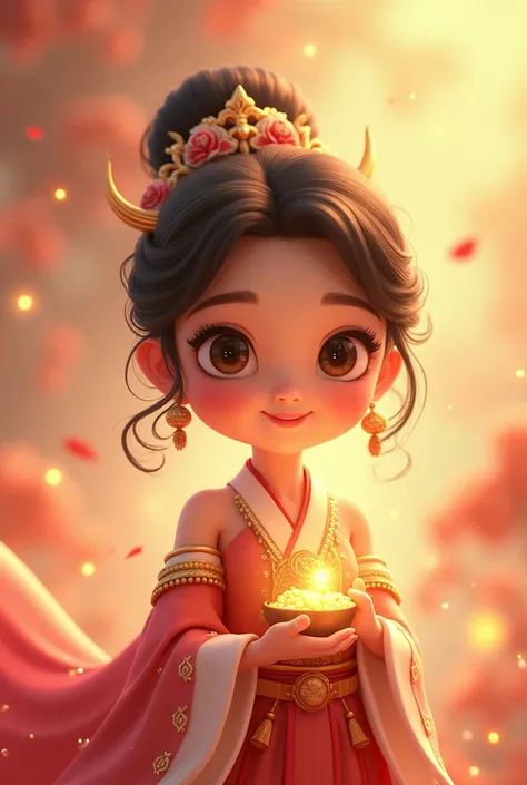 A woman in her 20s who has a treasure and a wonderful smile 。 lovely beautiful wise goddess of luck。Leading to happiness 。 make this image in animation 