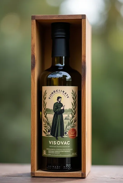 Make me an olive oil bottle for the monastery of Visovac that is made by friers and with olives that are grown in national park. Make shure it has a nice wooden box and visovac imprinted. Handpicked olives logo has to contain a franciscian monk and visovac...