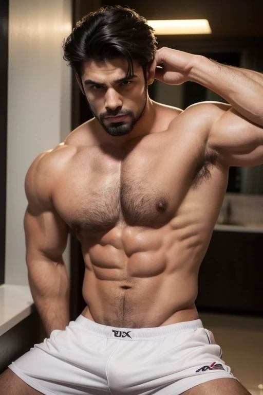 man, big muscular, shirtless, sexy,  seductive look , hot, peludo, intimidante.