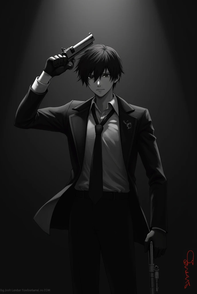 Makoto yuki from persona 3, shooting himself ( make it black and white )