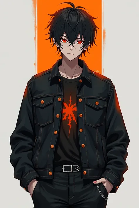 A quiet anime guy with sharp red eyes represents a mixture of very cold orange and yellow  , He has fair skin and wears all the fantasy black clothes and the cold bag, including a Korean-style jeans coat for men ,  A very short jacket. Korean-style jeans f...