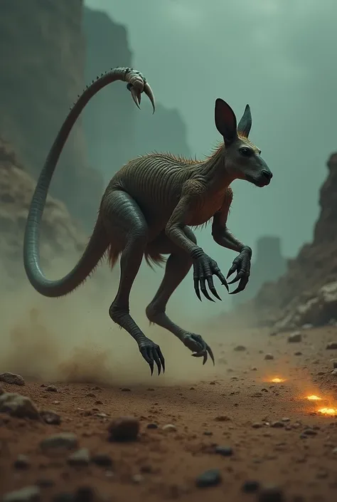 A hybrid kangaroo with sharp claws and a deadly scorpion’s tail leaps across a desolate landscape, leaving glowing marks in the sand as it moves through the darkness.