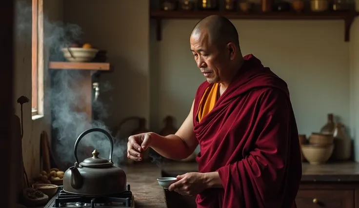 " monk wearing Rasa  (Kashaya )  red scrambler (  The kitchen at the monastery ,  where the kettle is boiling on the stove . The monk is preparing a cup of hot tea . He breathes in steam ,  listening to the sound of boiling water ,  and enjoys the moment ,...