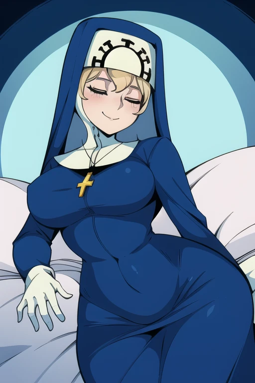 Double, short blonde hair, nun uniform, medium breasts, solo, 1girl, smiling, cowboy shot, closed eyes, 
 blue habit, cross necklace ,white gloves, long sleeves, nun, long skirt
(insanely detailed, beautiful detailed face,beautiful detailed eyes, masterpie...