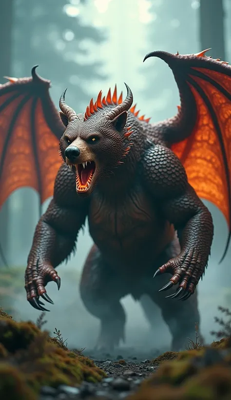 A monstrous fusion of grizzly bear and dragon emerges from the misty forest. The hybrid’s body is that of a grizzly, covered in dragon-like scales that shimmer in shades of crimson and gold. Its claws are razor-sharp, glowing faintly as if forged in fire, ...