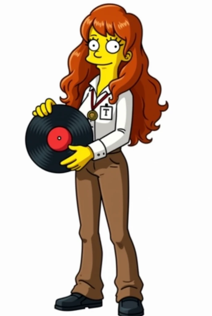 image with traces of the fortnite game, a cartoon of s woman, arnie pye female version, long hair, curly hair, auburn hair, long bangs, white button down shirt, long sleeves, ID lace, ID, red thin scarf, brown pants, black shoes, eyelashes, smiling, holds ...