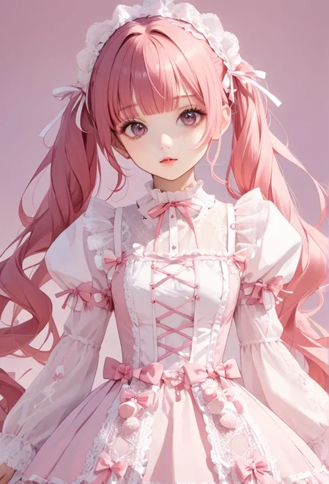 A beautiful girl with long 薄紫 hair, twin tails and a ribbon on her head. She is wearing a pink　and　white gothic lolita outfit with lots of lace . Cute and beautiful.have Strawberry