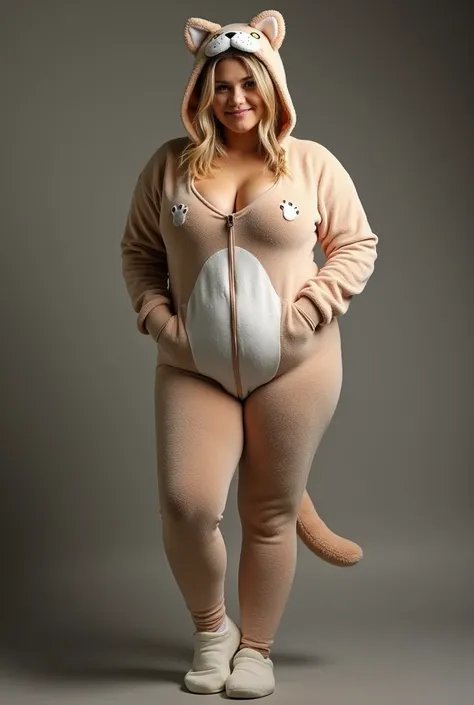 Blonde 18 year old,  tight fleece cat costume, big boobs, , big ass, full body shot, Photography 

