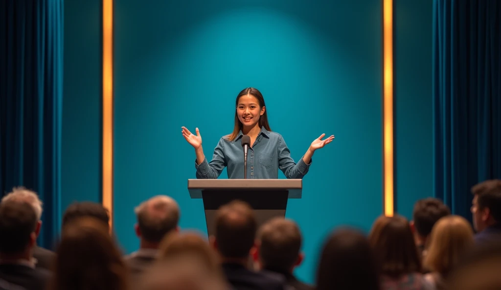 A  picture of a person standing confidently in front of a crowd at a sleek podium with a microphone, with the stage theme as cyan and gold. The individual appears to be delivering a speech, their expression welcoming and engaged. 