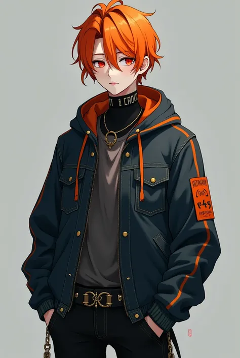 A quiet anime guy with sharp red eyes represents a mixture of orange and yellow hair , He has fair skin and wears all the fantasy black clothes and the cold bag, including a Korean-style jeans coat for men ,  a very short jacket. Korean-style jeans for spr...