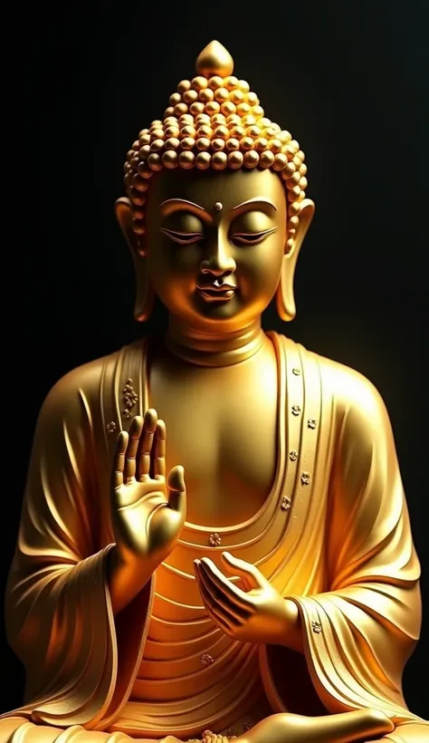 Chinese style。Buddha statues。engraving。Solemn 。Movie special effects。 black background 。8k，  high resolution。Reality。
 The atmosphere is iridescent 。Clarity，Good lighting， Beautiful Eyes 。 The golden Buddha shines 。The image is very realistic 。The scenery ...