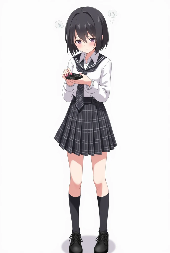 Teenage woman with black and short hair and with white anime watch and pink nails with white long-sleeved shirt and plaid Scottish tie in dark gray and white and pleated plaid skirt in combination of dark gray and white colors, following a uniform pattern ...