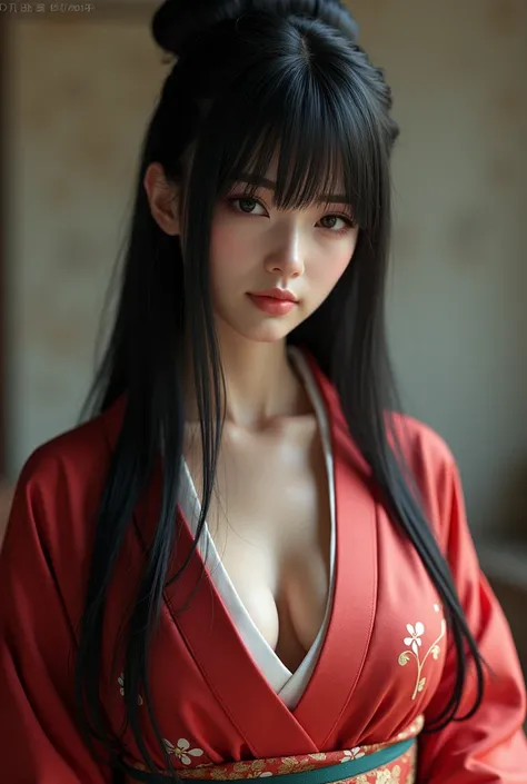 solo,  long hair,  high definition ,  black hair, Bangs, chest, 大きなchest,  simple background,  movie light effect,  realism, kimono