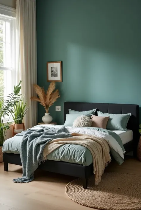 Bedroom boho style teal wall black bed frame