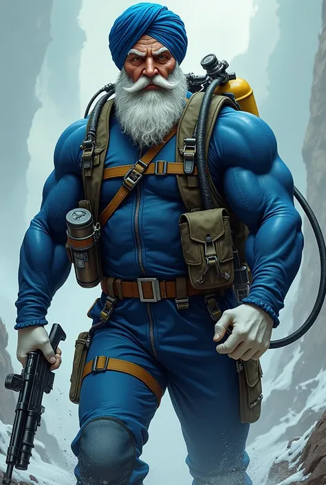 (A rugged beefy very muscular bulky sikh old man), (wearing blue zipper wetsuit), (carrying diver oxygen tank on his back), pounding his chest,  wearing bulky scuba gear, wielding a rifle, muscular physique, toned muscles, fierce, heroic, action, comic art...