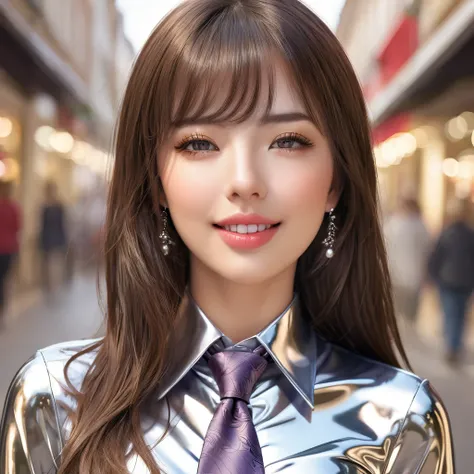 Family,  masterpiece, Lens reflection, Reflected light,  buttoned up in extremely tight shiny silver latex blouse,  high resolution , Make-up,  seductive smile , Are in town and go shopping ,Necktie,  brown hair , Bangs, portrait, kiss