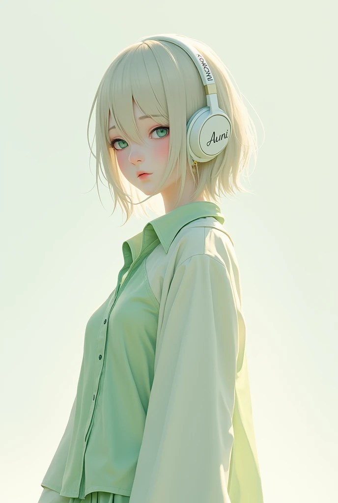 A girl wear white headphones in the head and in the clothes have name auni and the clothes colour its soft green and white