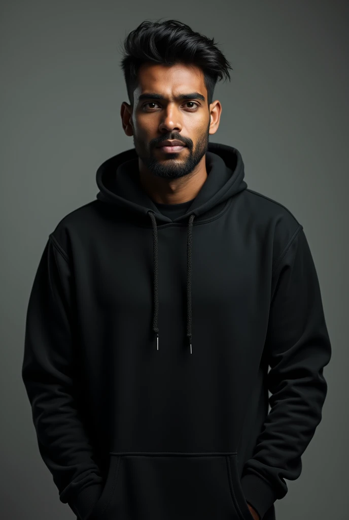 One Indian men wearing black hoodie without chain posing for photografy