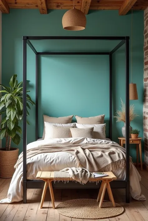 Bedroom boho style teal wall  metal black  frame