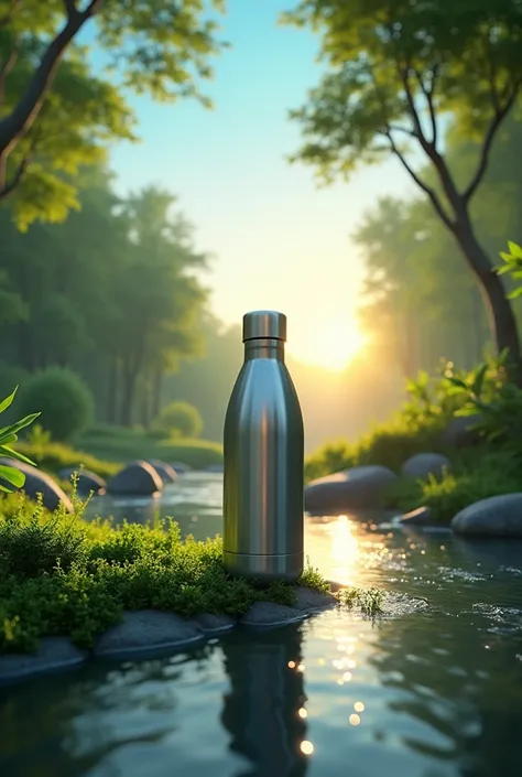 A metal bottle, surrounded by nature: trees,  rivers and a bright blue sky .  a clean background , fresh and green ,  with the sun rising above the horizon .