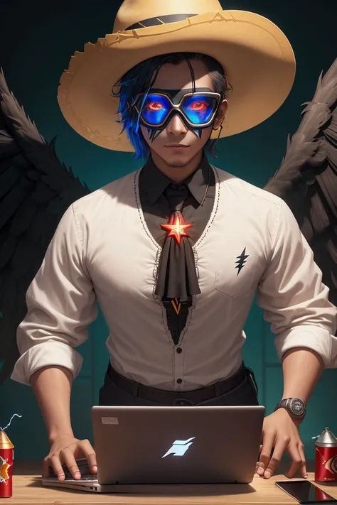 A young Senor in a Mexican hat, glasses, and a cyber mask is programming on a laptop that is on the table, with a can of energy drink 2 flying above him with a label in the form of lightning and wings, and a cake with a candle on the table
