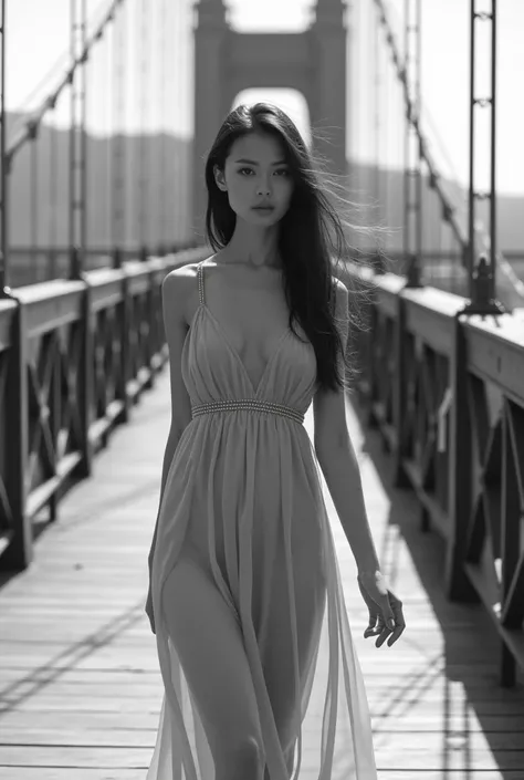 A woman walks on the bridge taking a half-body photo, wearing a dress as a black and white photo.