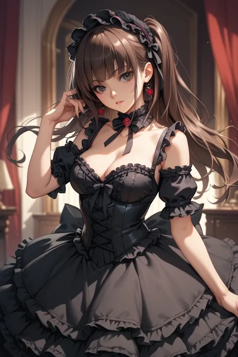  Anime girl with long dark brown hair with straight bangs, black eyes,  black Lolita gothic dress ,  medium breasts , Shes looking at the camera 