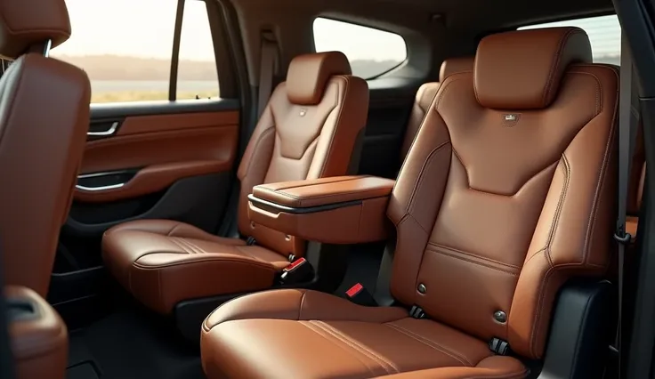 "Interior of a 2026 Cadillac Escalade rear seat, featuring a clean and elegant design. Light brown-colored leather upholstery with detailed stitching, three seating positions with adjustable headrests, seatbelt attachments, and a foldable middle armrest wi...