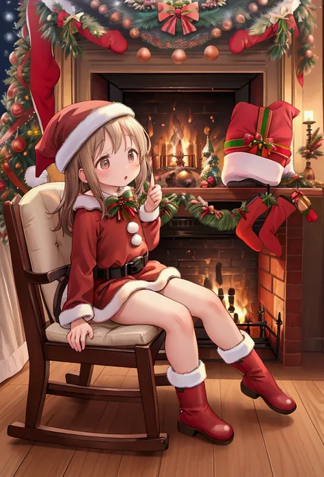 masterpiece, best quality, high definition ,Anatomical,Realistic, detailed description , perfect lighting,8k,kawaii,( side angle),(( Christmas)),(Western-style room),(fireplace),( Christmasツリー),((１People s)),Baby Face,Petite,flat body ,( Santa costume ),ti...