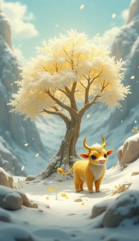  imaginary　 snowy mountains　Gold Tree 　White leaves　 wearing a gold ornament　Yellow-green fur 　cute calf 　 Gold Horns