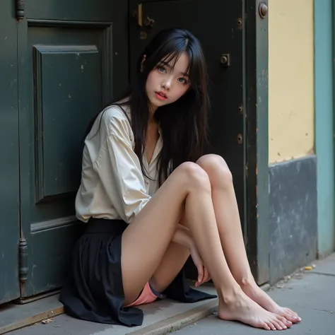 A realistic  portrait of a slim teen, with blue eyes, black hair, fine features, wearing a worn designer black skirt with a worn designer blouse, sitting on the floor with her legs open carelessly showing her pink underwear, next to a door on the street.