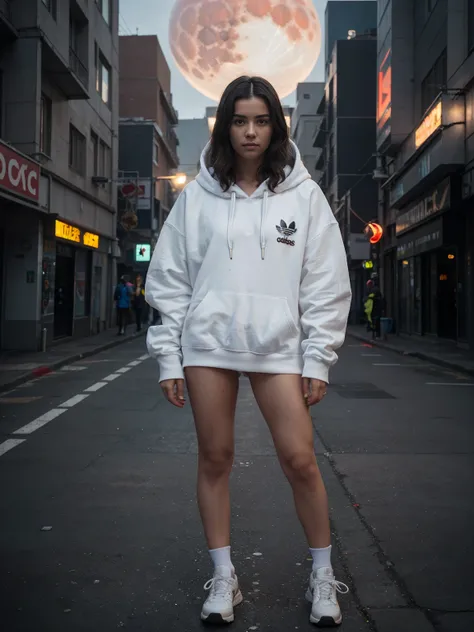 18 years old Italian girl, Glowing Bionic hands & legs wearing a White hoodie & Adidas Sneakers. 
Standing pose, Towards Viewers. 
Extreme Detailed. Perfect Face, Masterpiece of Beautiful Creature. 
Low ISO, Blood Moon, Extremely Low Light, Grainy Texture....