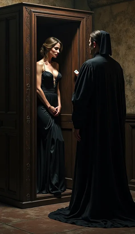 A dimly lit medieval confessional booth, with a bold and seductive woman in a flowing, form-fitting gown leaning against the screen, her posture teasing and confident, as a priest nervously takes notes in the shadowy interior.