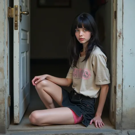 A realistic  portrait of a slim teen, with blue eyes, black hair, fine features, wearing a worn designer black skirt with a worn designer blouse, sitting on the floor with her legs open carelessly showing her pink underwear, next to a door on the street.