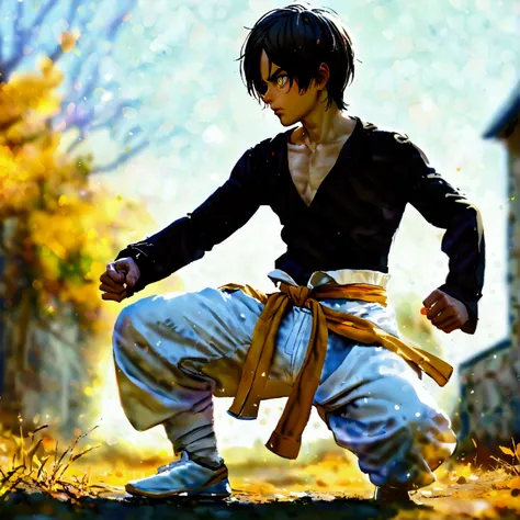 Eren Jaeger, a tight long sleeve black shirt ,  loose fitting white martial arts pants ,  a yellow girdle around the waist and tai chi sneakers on the feet