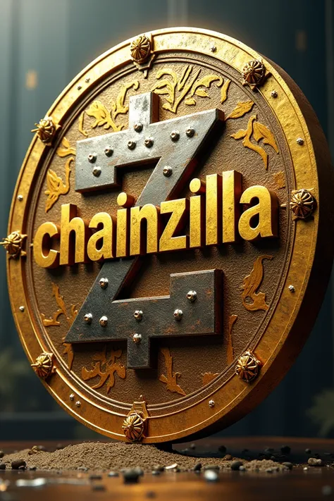 Chainzilla boldly written on a very big gold, silver, bronze coin 