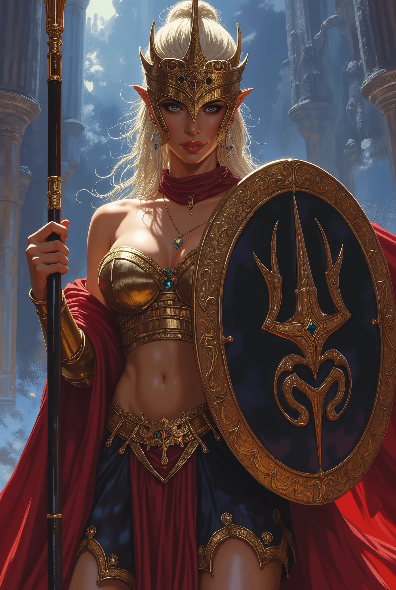 ne0nfant4sy, cowboy shot, masterpiece, a painting of a stunningly beautiful fantasy art image of athena, with a small low-cut ar...