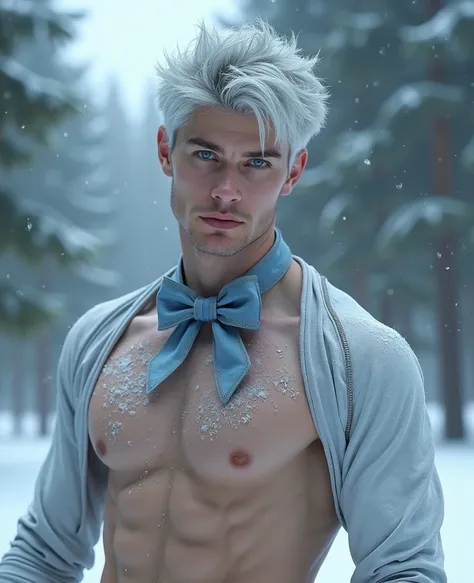 (8K, Raw photo, Highest Quality) (((FULL BODYSHOT:1.3))), (((Blue eyes:1.5))), 18 years old, white pale skin, Silver messy hair, Silver medium hair, Silver hair, (((Jack frost:1.44))), Ice Magic, Frost magic, Magic Cold, low  angle shot, Realistic, (((full...