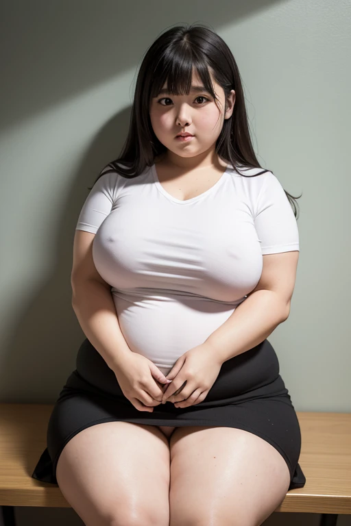 very obese girl, over weight, too fat girl, thick, extremely fat, sitting, cubby face, big brusts, very big hip, fat arms, asia, fat leggs, student