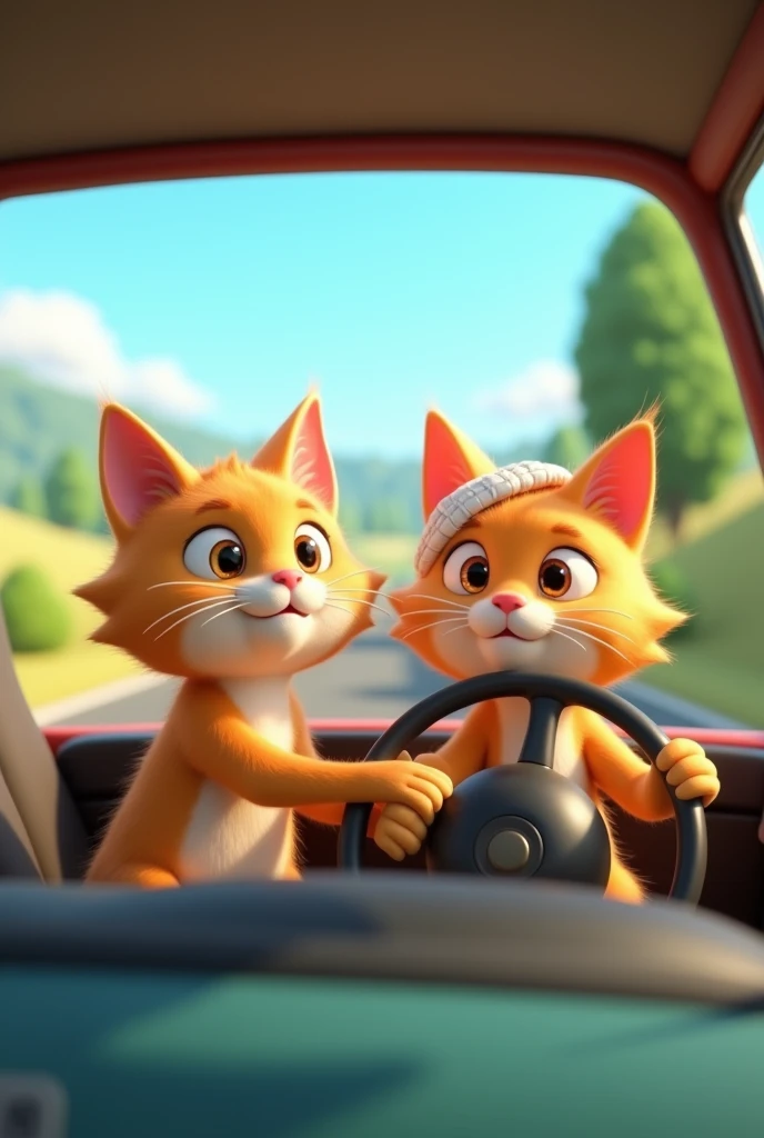 2 ginger cats sitting on the car one is driving and bandage on his leg and head another one cat has bandage on head and arm  3d animation 