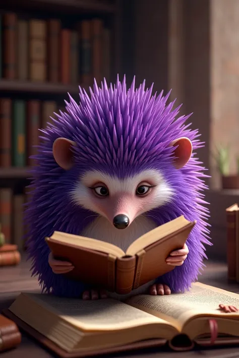 Purple hedgehog reading book