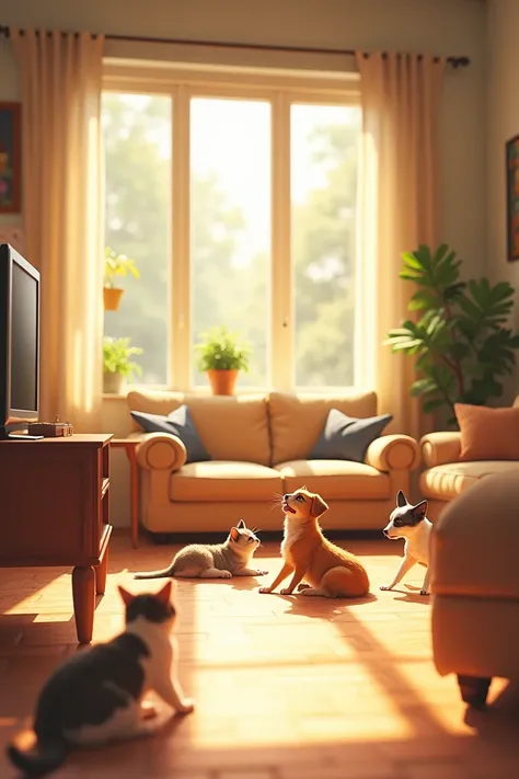  A view of the living room in a sunny house .  Cats and dogs are leisurely playing on the floor. The living room also has furniture such as a TV , table,  sofa .