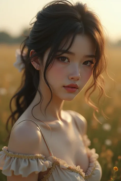 3d semi-anime girl, 27 years old, free used by elder brother, beautiful detailed eyes, beautiful detailed lips, extremely detailed face and hair, elegant dress, shy expression, peaceful meadow background, warm lighting, cinematic composition, muted color p...